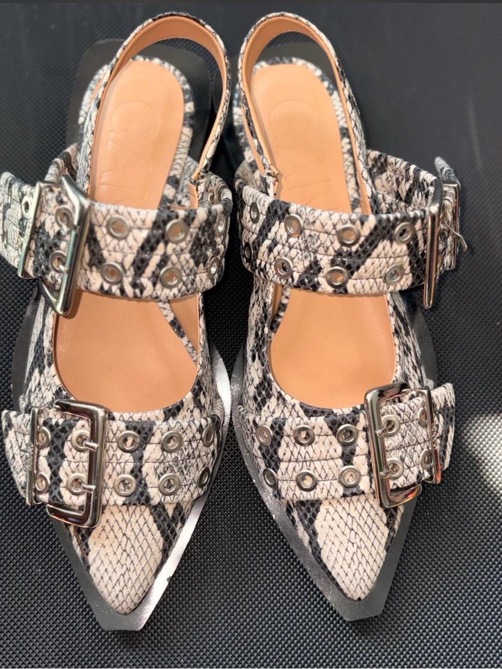 Ganni Snakeskin-Effect Buckled Slingback Pointed Toe Flats Size 38/US 8